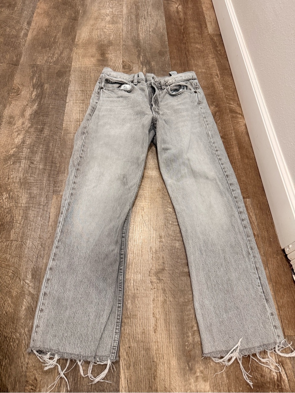 Zara Light Gray Straight Leg Jeans with Frayed Hem